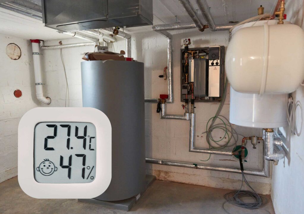 Digital hygrometer showing high humidity levels in a basement