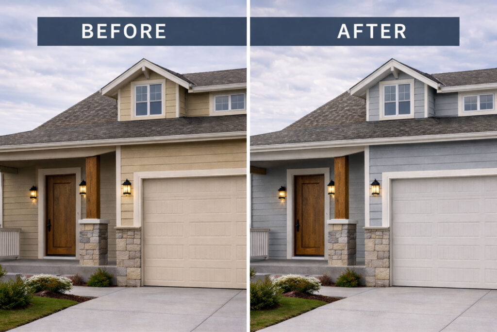 Before and after exterior house painting showing improved color and curb appeal