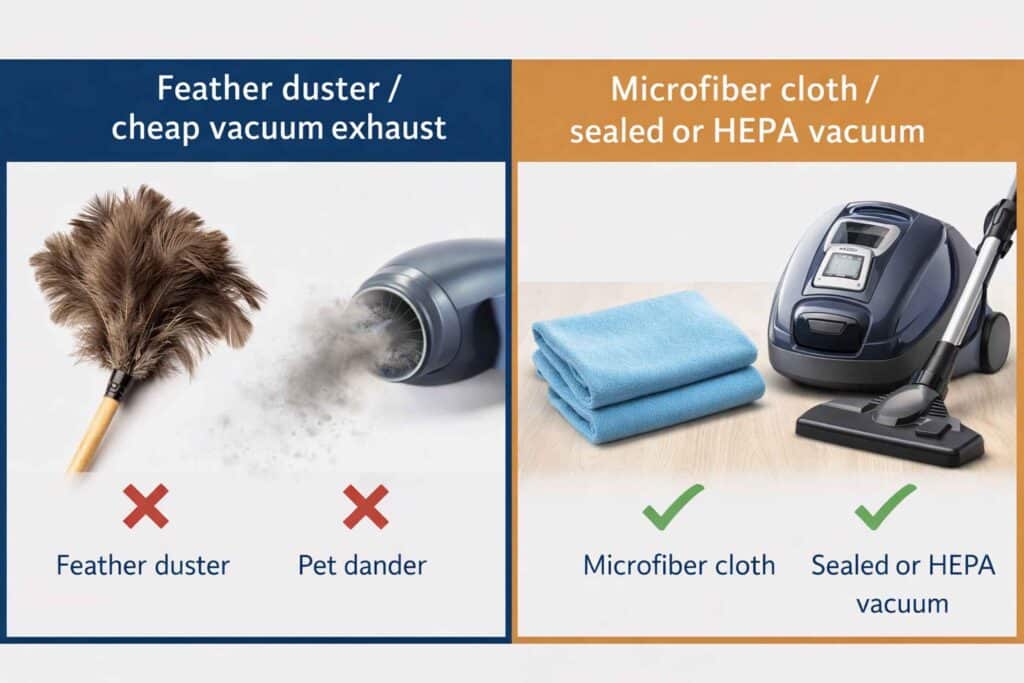 Microfiber cloth and HEPA vacuum compared to ineffective dusting tools