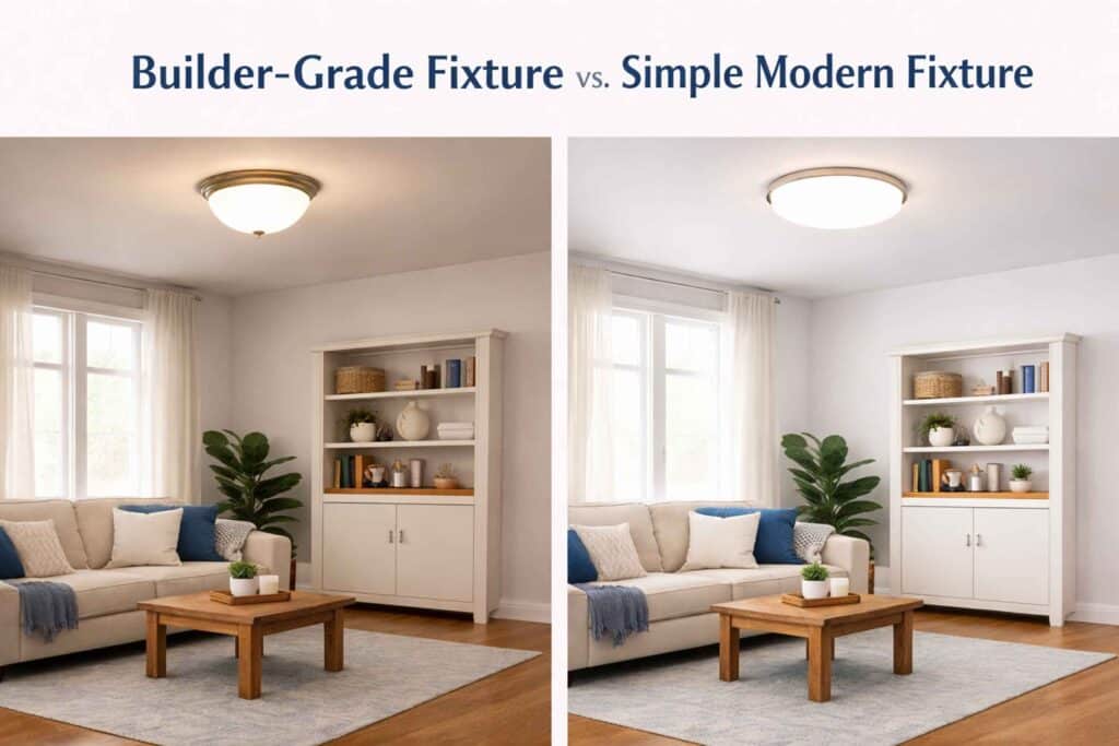 Builder-grade light fixture compared to a simple upgraded fixture