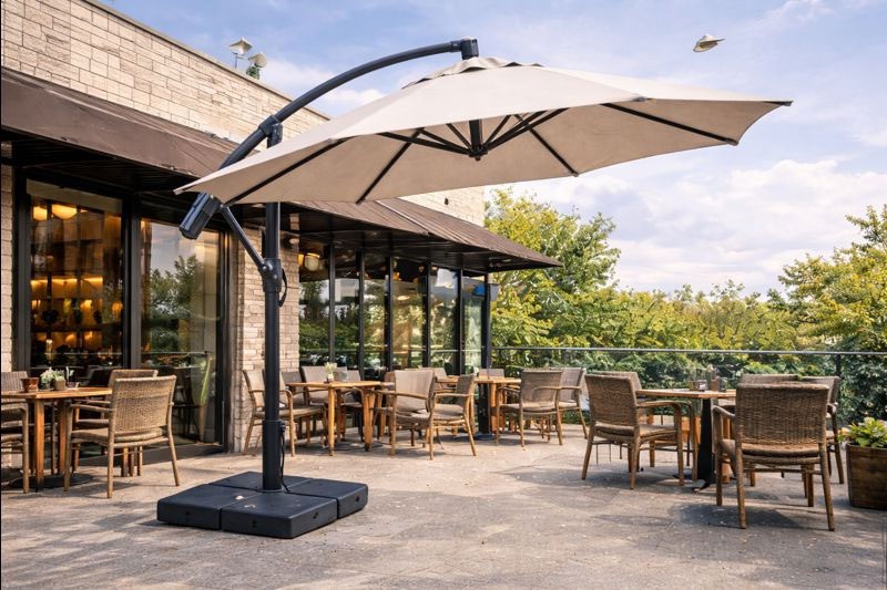Cafe Luxury Commercial Large Cantilever Umbrella installed in an outdoor café setting