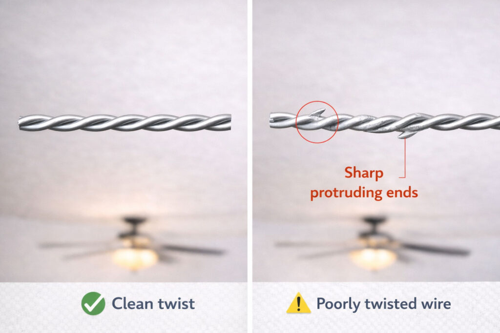 Correct and incorrect ceiling wire twisting examples