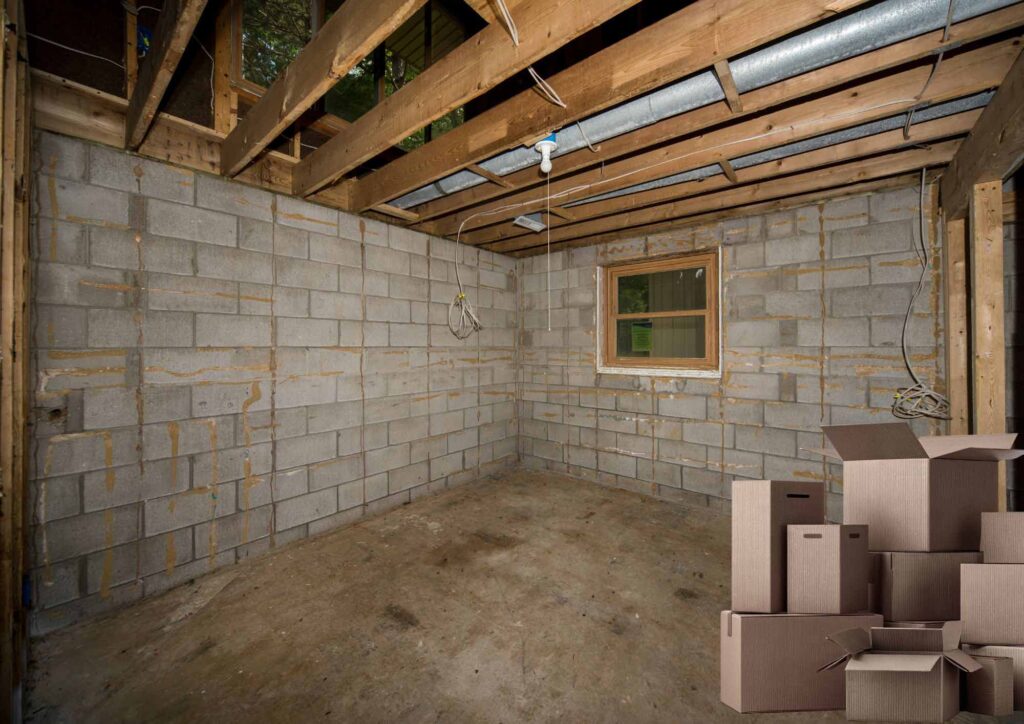 Common basement odor sources including cardboard boxes, foundation walls, and floor drains