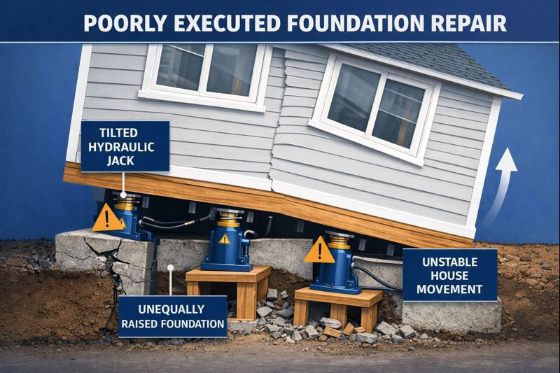 Uneven house lifting during foundation repair, a common mistake