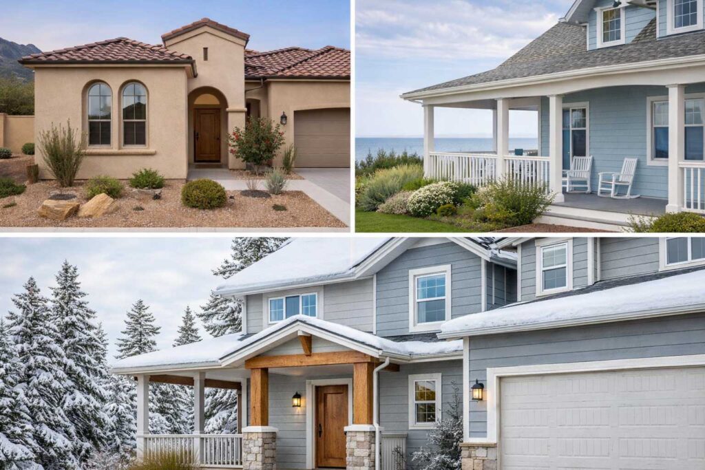 Exterior house color examples suited for hot, coastal, and cold climate regions in the USA