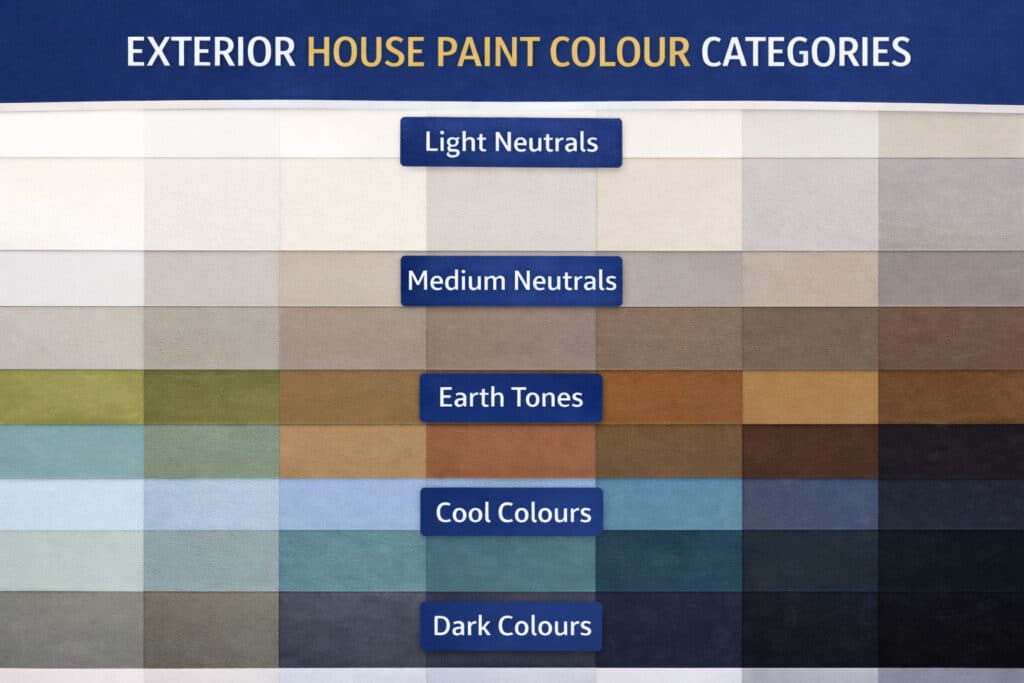 Exterior house paint colour categories from light neutrals to dark tones