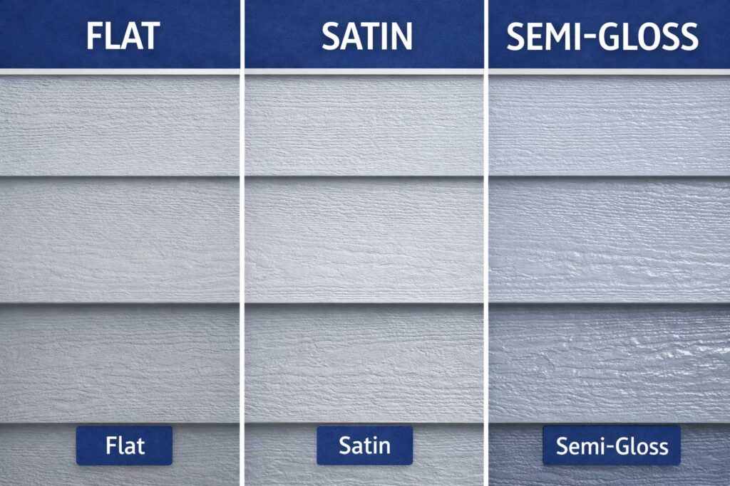 Exterior paint finish comparison showing flat, satin, and semi-gloss