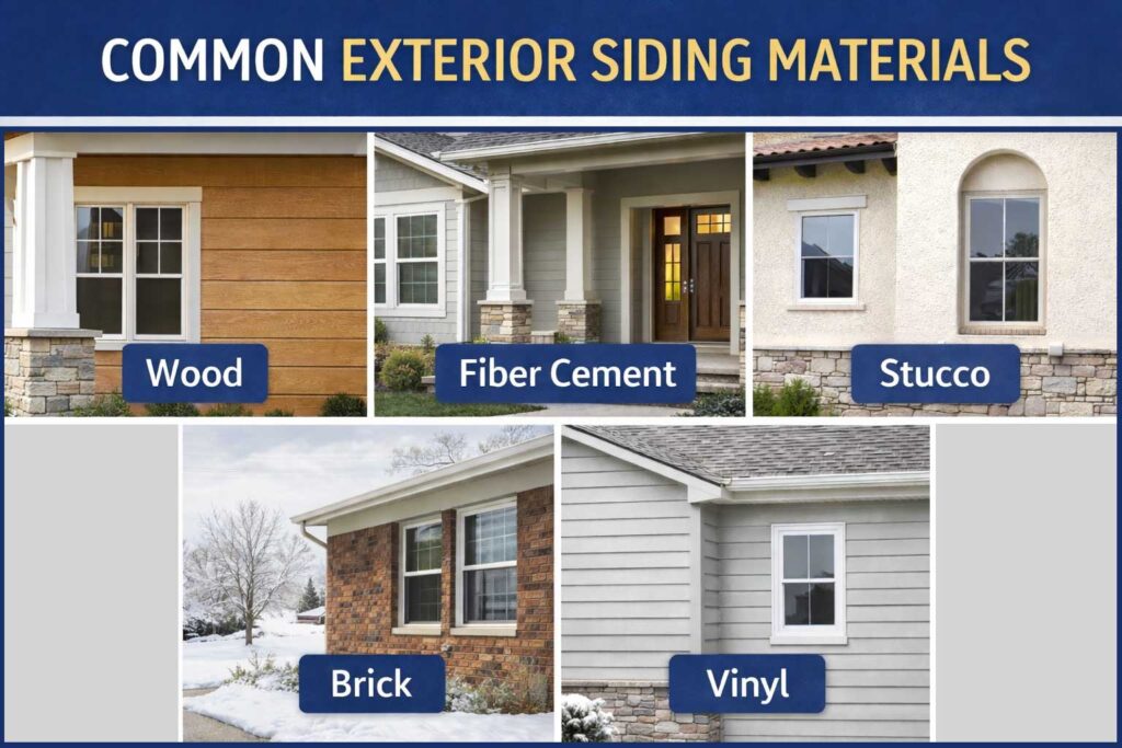 Exterior paint colour examples on wood, fiber cement, stucco, brick, and vinyl siding