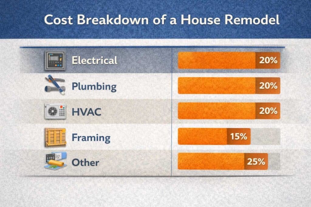Cost breakdown of a full gut remodel showing electrical plumbing HVAC and structural work