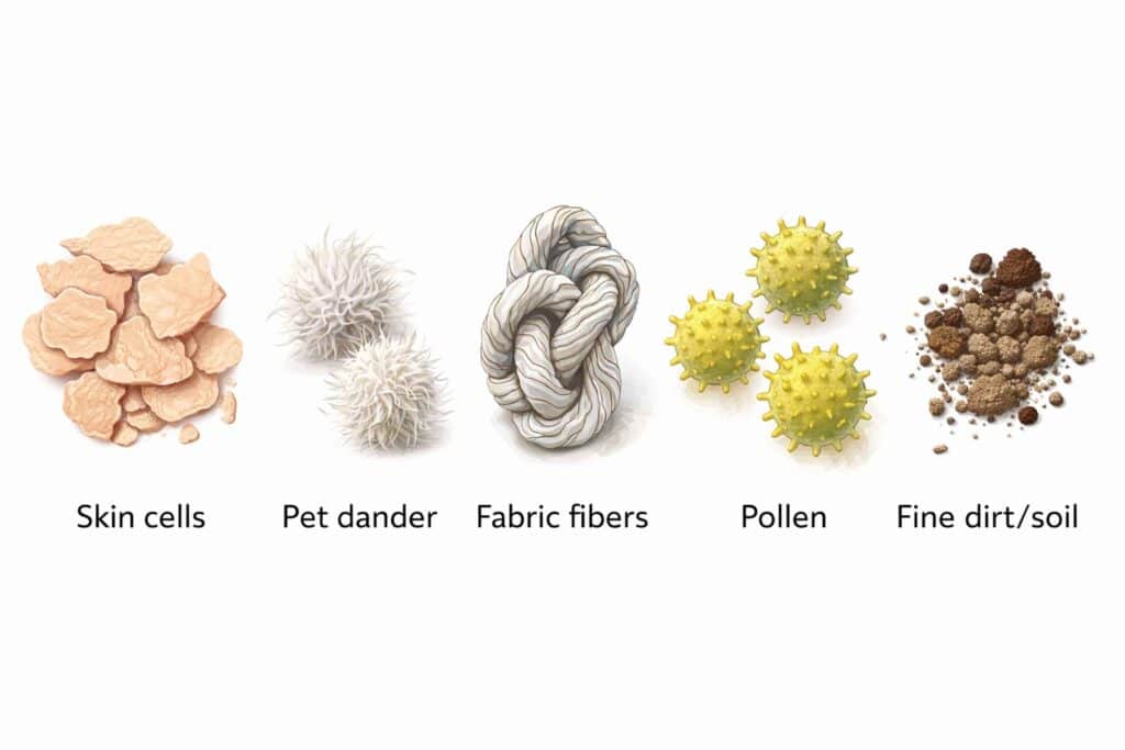 Common components of household dust including skin cells, pet dander, pollen, and fibers