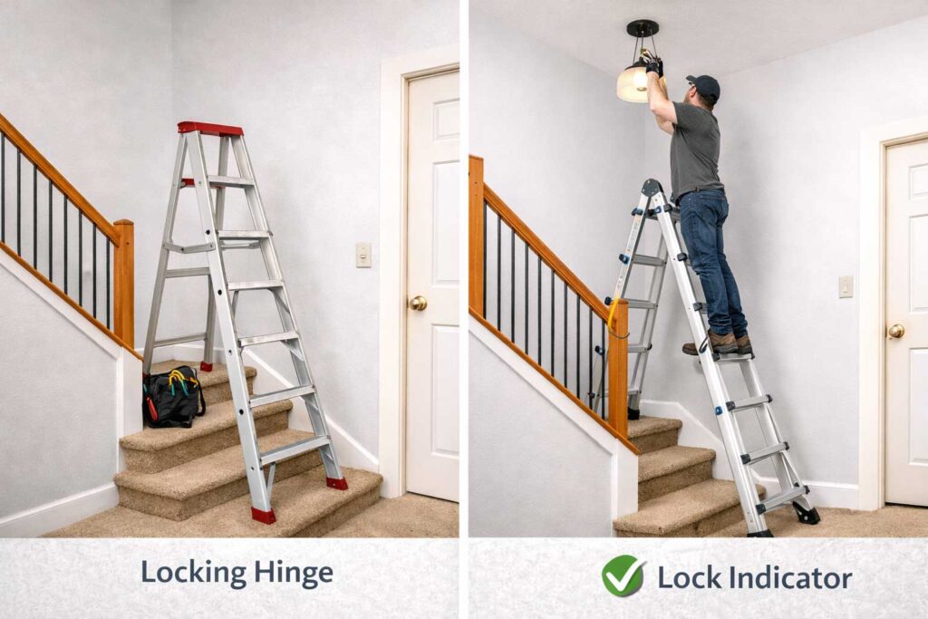 Proper and improper ladder setup on residential stairs