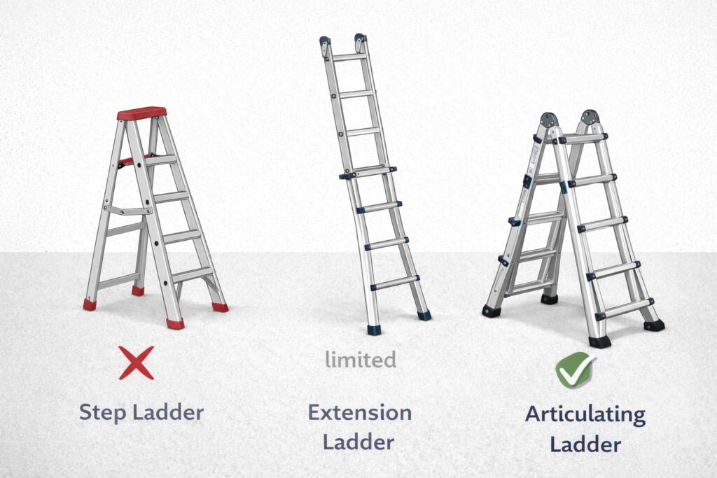 Diagram showing which ladder types are safe for stairs and high ceilings