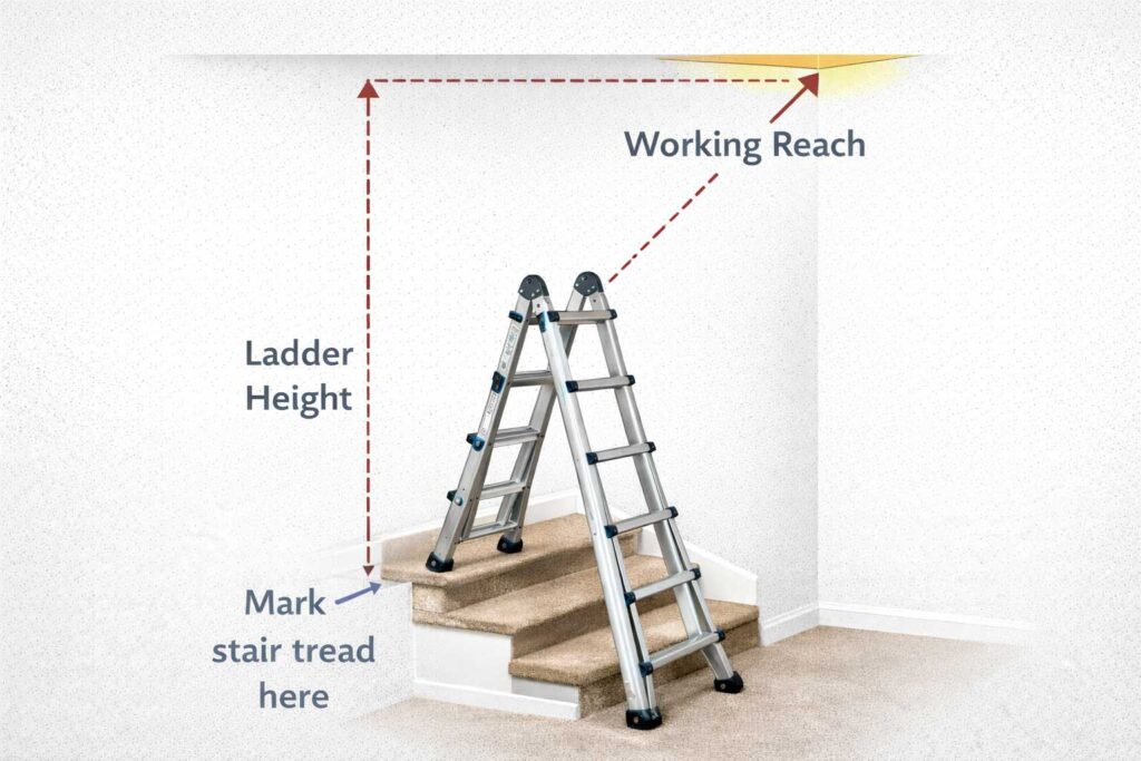 Diagram showing how to measure ladder working height on stairs