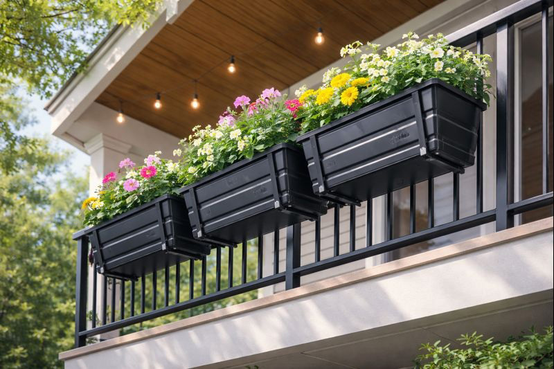 Mkono Metal Railing Planter Box 3 Pack on apartment balcony