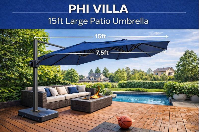 PHI VILLA 15ft Large Patio Umbrella providing shade over a poolside.