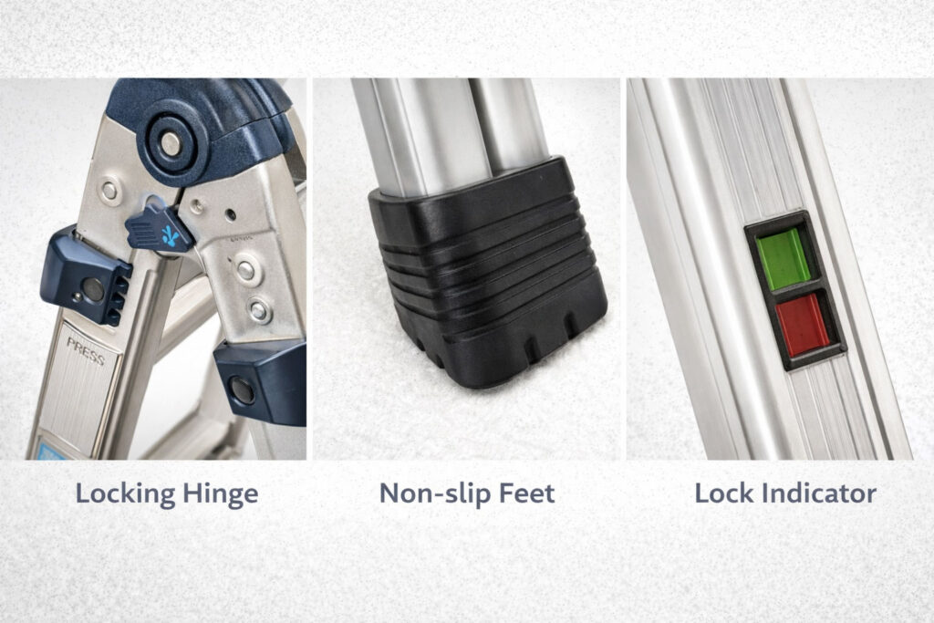 Close-up of portable ladder safety features including hinge locks and non-slip feet