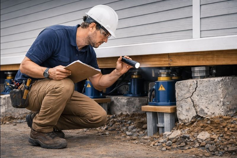 Professional contractor performing foundation repair using advanced equipment