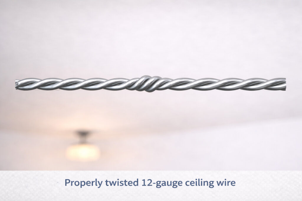 Properly twisted 12-gauge ceiling hanger wire connection