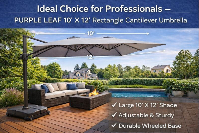 PURPLE LEAF 10' X 12' Rectangle Cantilever Umbrella in a commercial outdoor setting.