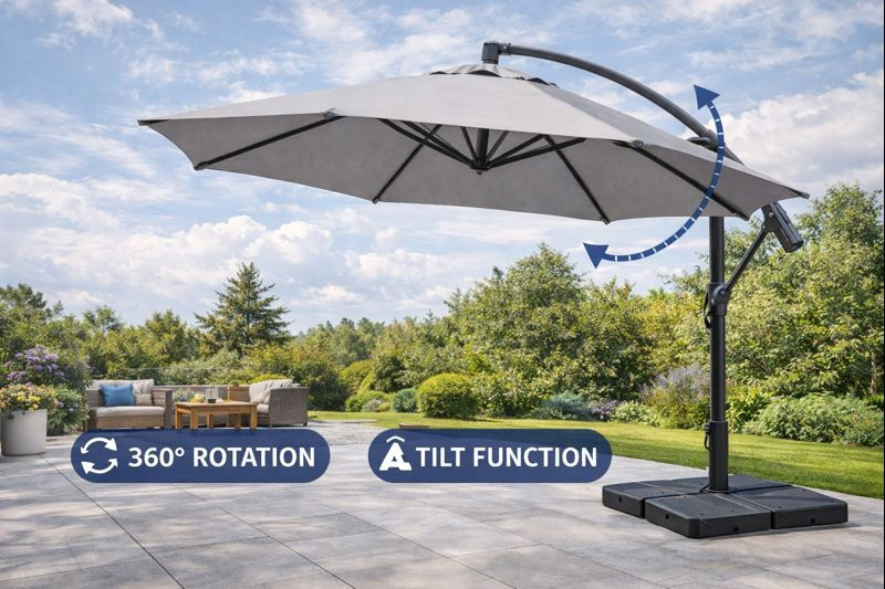 PURPLE LEAF Cantilever Umbrella rotating to provide adjustable shade on a patio