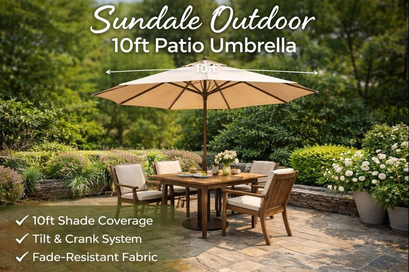 Sundale Outdoor 10ft Patio Umbrella providing shade in a small garden.