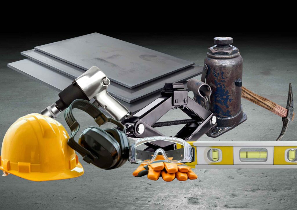 Tools required for house foundation repair including hydraulic jacks, screw jacks, and leveling tools