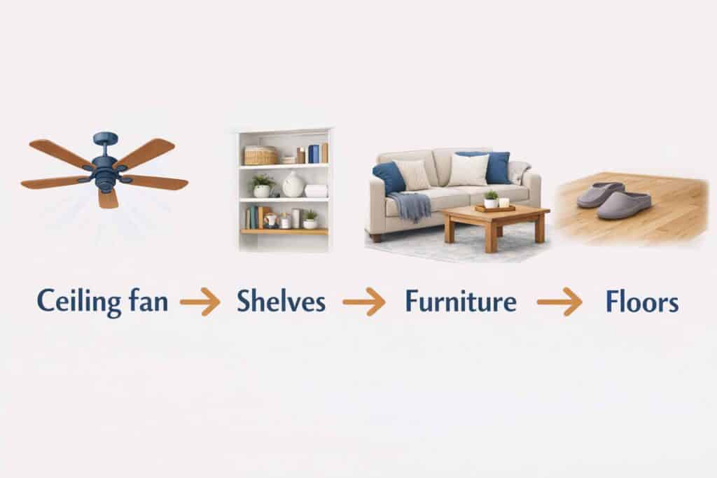 Top to bottom cleaning order showing how to remove dust without redistributing it