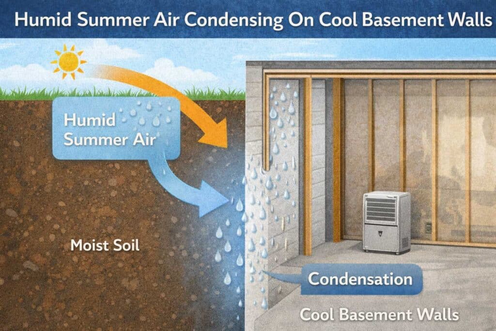 Diagram showing humid summer air condensing on cool basement walls