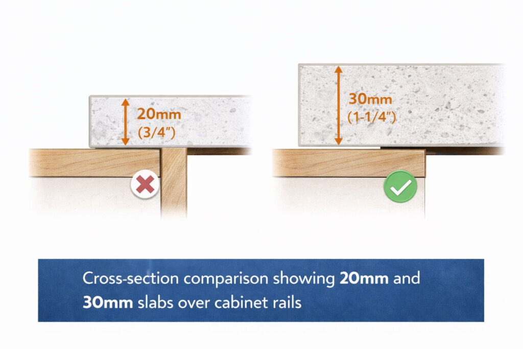 Side-by-side comparison of 20mm and 30mm quartz worktop thickness with cabinet support