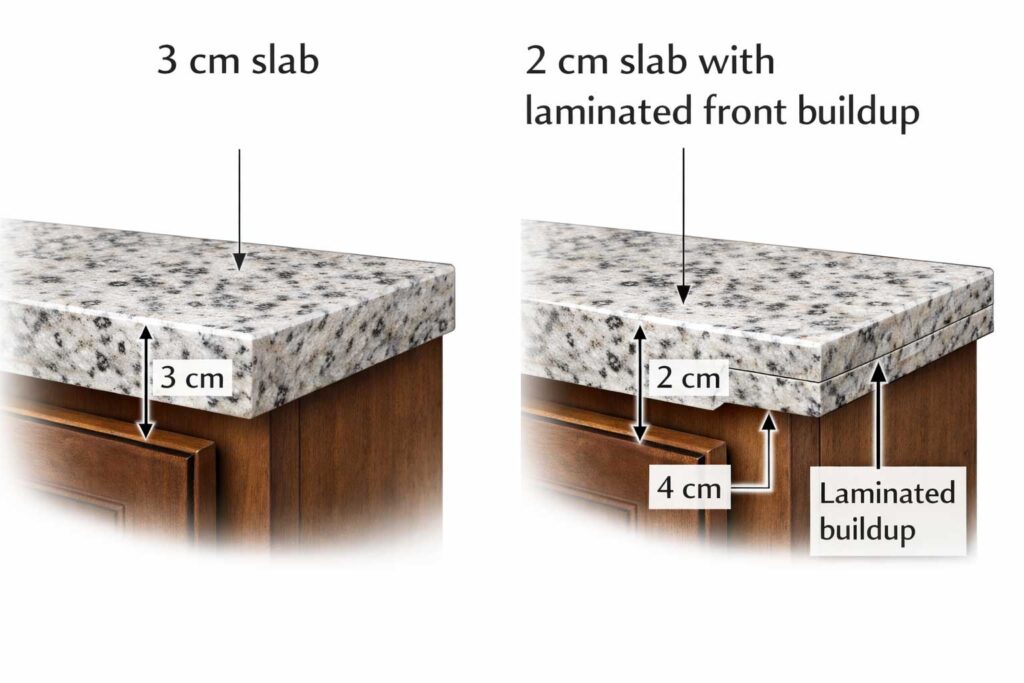 Diagram comparing 2 cm granite with laminated edge buildup and 3 cm solid slab