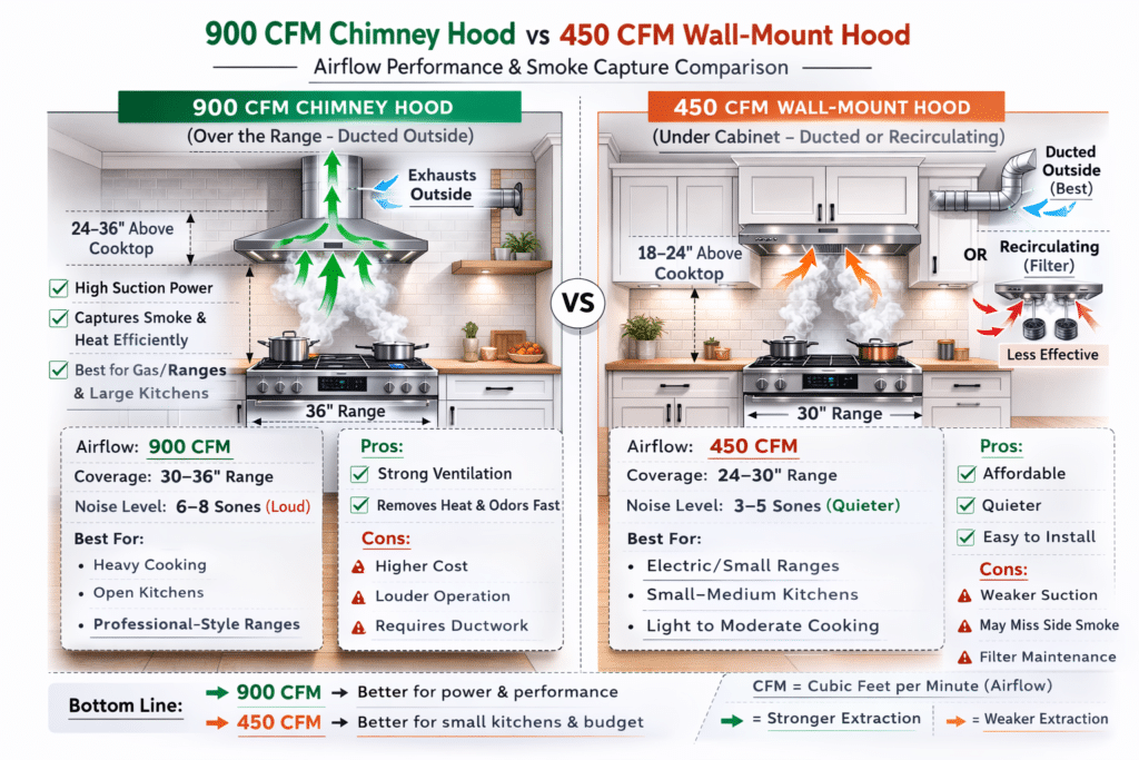 Comparison of 900 CFM and 450 CFM ducted wall mount range hoods
