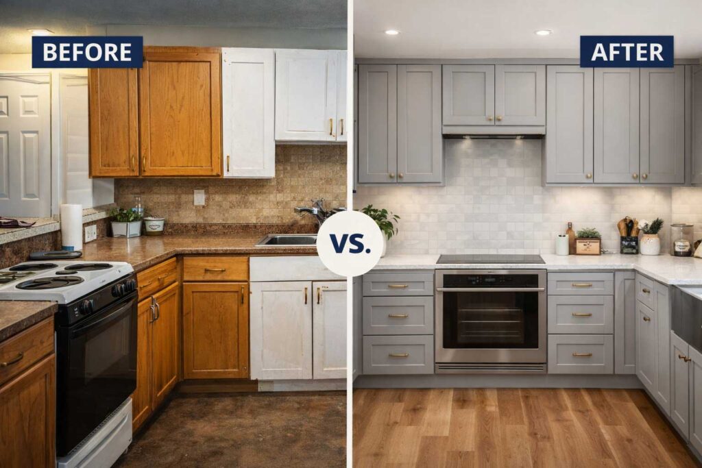 two kitchen remodels showing common mistakes and successful improvements