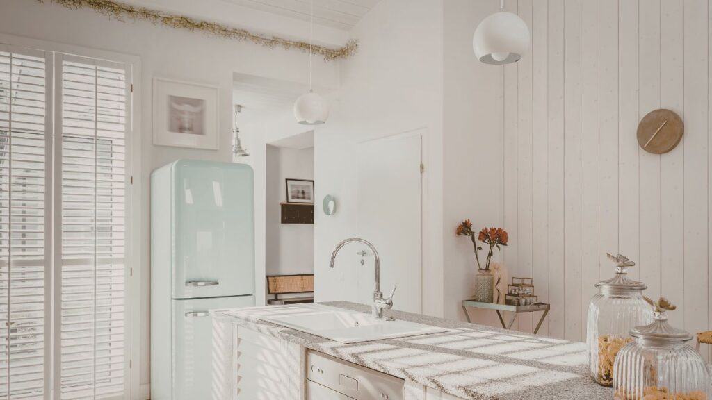 Clean granite countertops in a residential kitchen with polished stone surface