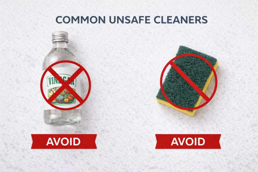 Vinegar and abrasive scrub pads that should not be used on granite countertops