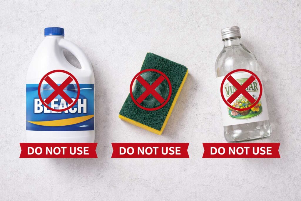 Cleaning products that damage quartz countertops including bleach and abrasive pads