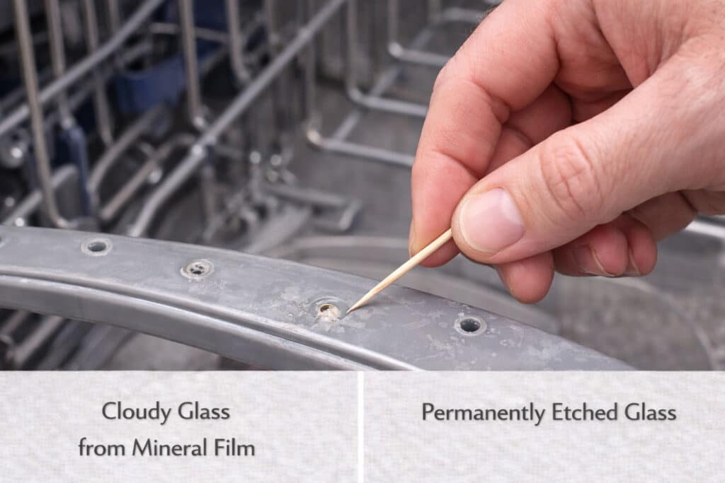 Clearing clogged spray arm holes caused by hard water deposits