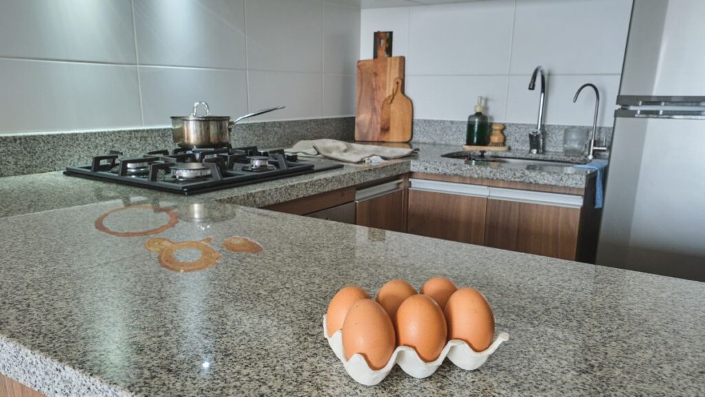 Oil and coffee stains on granite countertop surface