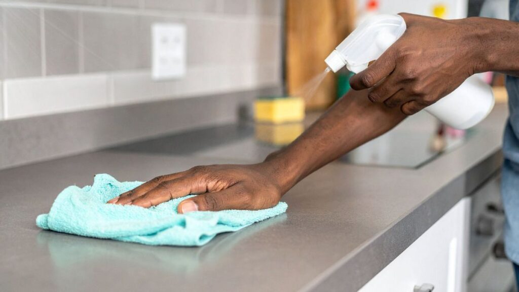 Microfiber cloth and gentle cleaner used for daily granite countertop cleaning