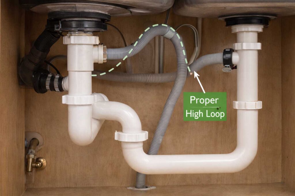 Proper high loop installation for dishwasher drain hose under sink