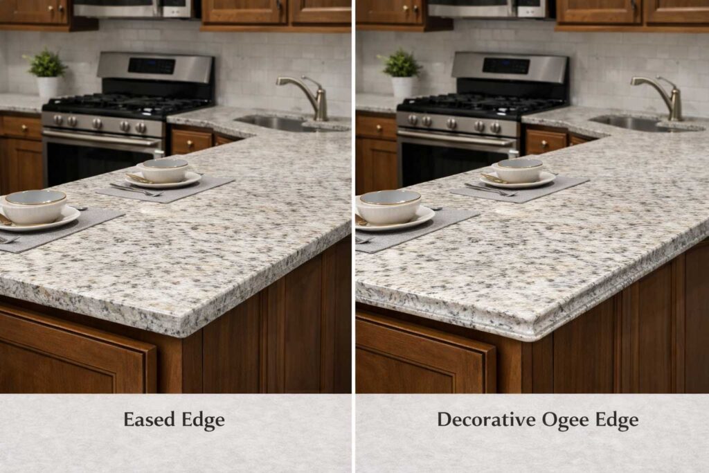 Kitchen island with eased granite edge compared to decorative ogee edge