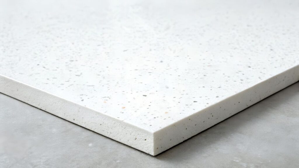 Close-up of engineered quartz countertop surface showing smooth resin finish