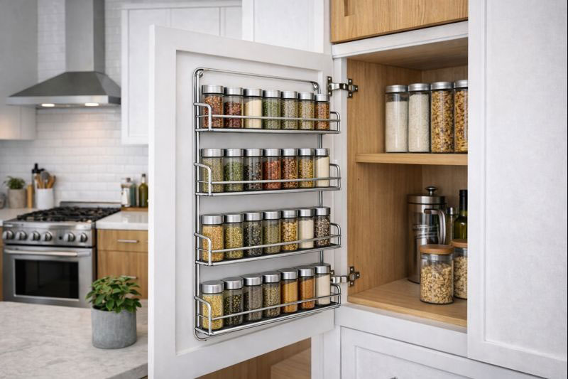 Final kitchen organization with spice rack installed on cupboard door