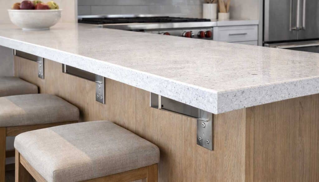 Steel brackets supporting granite countertop overhang