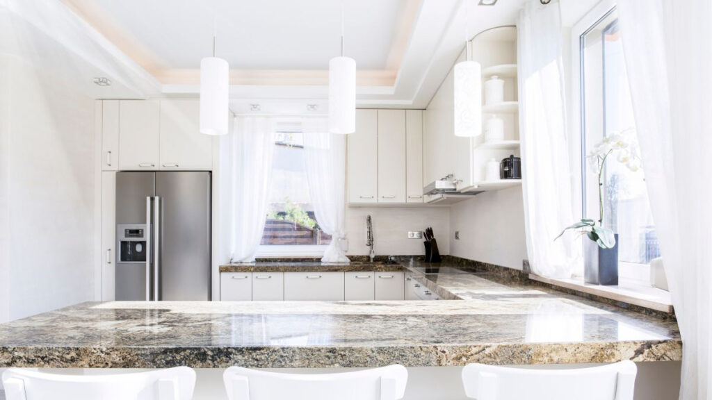 Polished granite kitchen worktop showing natural mineral variation and edge profile