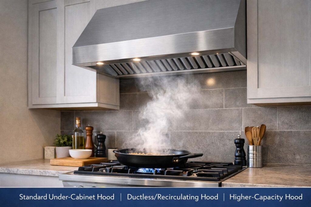 36-inch high BTU gas range with 900 CFM residential kitchen exhaust hood