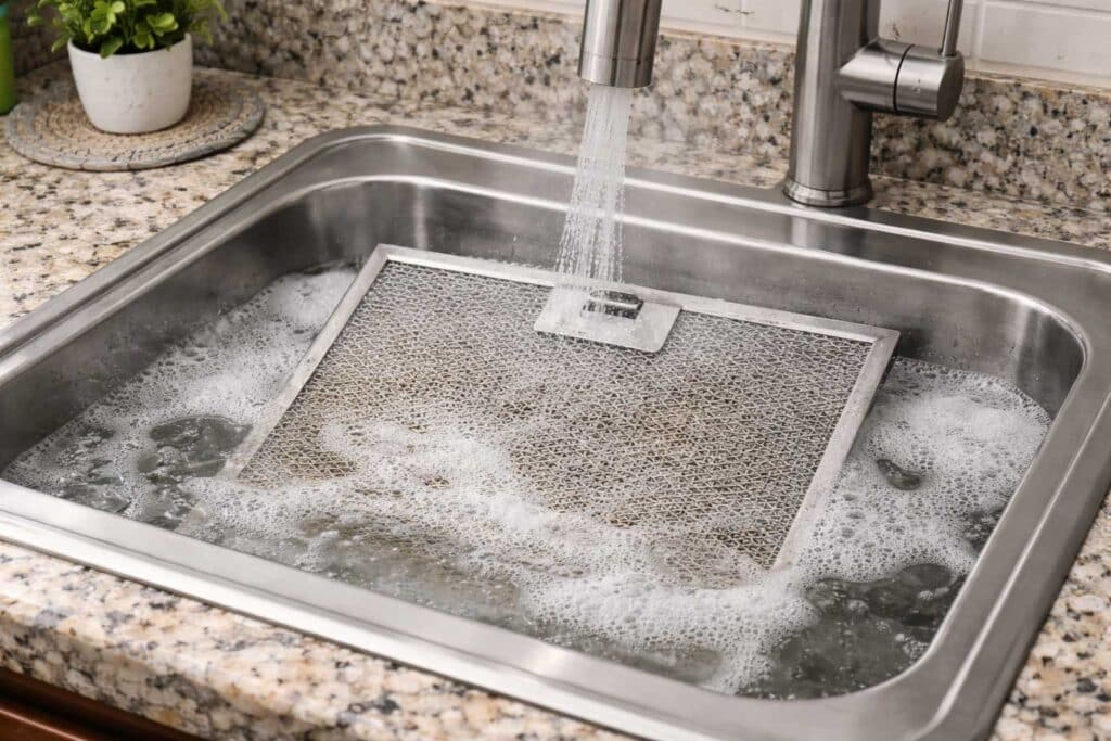 Range hood filter soaking in hot water with dish soap