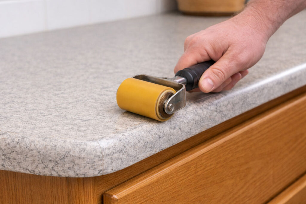 Using J-roller to apply pressure on rounded laminate countertop edge