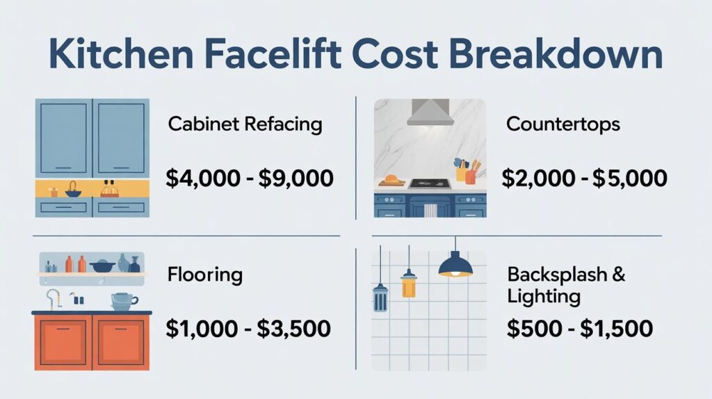 Cost breakdown for kitchen facelift with cabinet refacing, countertop updates, and flooring replacement