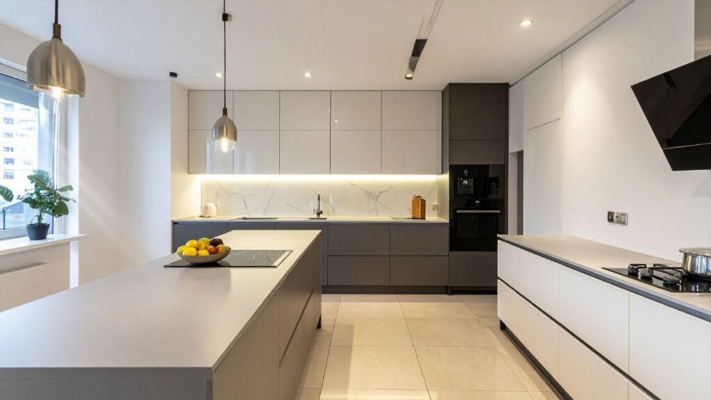 Modern kitchen facelift with updated cabinets, countertops, and flooring