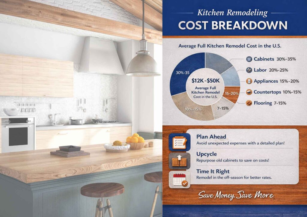 Infographic showing average full kitchen remodel costs by component